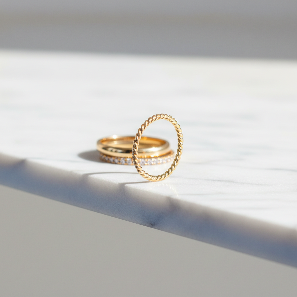 A minimalist scene of a single 14k gold-filled stacking ring with a fine, twisted rope texture placed upright at the edge of a narrow, polished marble ledge. Behind it, slightly blurred, lies a smooth, plain band and a tiny pavé band, also gold-filled, forming a subtle trio. Bright but diffused natural light from the right creates sharp, clean reflections along the twisted pattern and a delicate shadow falling across the marble veining. The background is an airy off-white with a faint gradient, enhancing a modern, high-luxury mood. Captured with a shallow depth of field and a close, eye-level composition in a sleek, editorial photographic style.