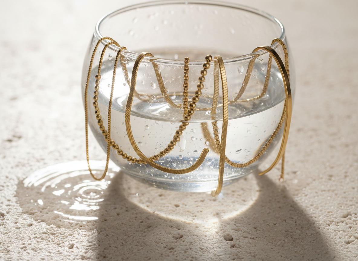 An assortment of water-resistant, tarnish-resistant gold-filled bracelets artfully draped over the edge of a clear glass dish partially filled with water, set on a pale sand-colored surface. Fine snake chains, a dainty beaded bracelet, and a slim cuff partially dip into the water, with tiny droplets clinging to the metal and catching the light. Soft, diffused daylight from above creates crisp, sparkling reflections on the gold and subtle ripples in the water. The mood is fresh, clean, and luxurious, capturing the idea of durability and wear-anywhere elegance. Shot from a slightly elevated angle with shallow depth of field, in a refined, photographic realism style.