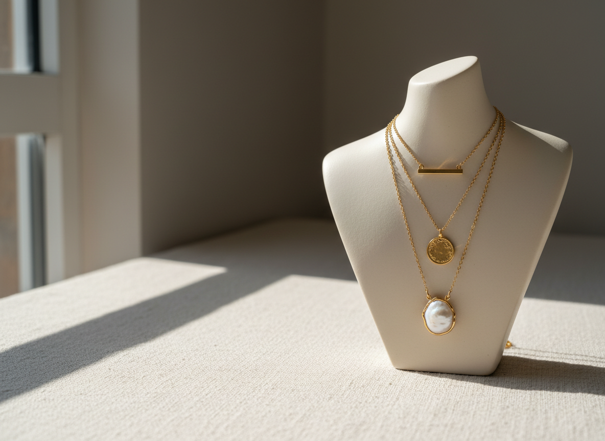 A set of coordinating 18k gold-filled layered necklaces displayed on a sculptural, matte ivory ceramic stand shaped like a simplified bust, standing on a light linen-covered surface. One necklace features a tiny bar pendant, another a small coin, and the longest a delicate, irregular freshwater-pearl charm framed in gold-filled bezel. Gentle daylight from a nearby window to the left washes over the scene, creating soft shadows and subtle specular highlights on the gold. The backdrop is an out-of-focus warm gray, giving an upscale boutique feel. The composition follows the rule of thirds with a calm, sophisticated atmosphere and a clean, editorial photographic style that emphasizes versatility and timeless style.