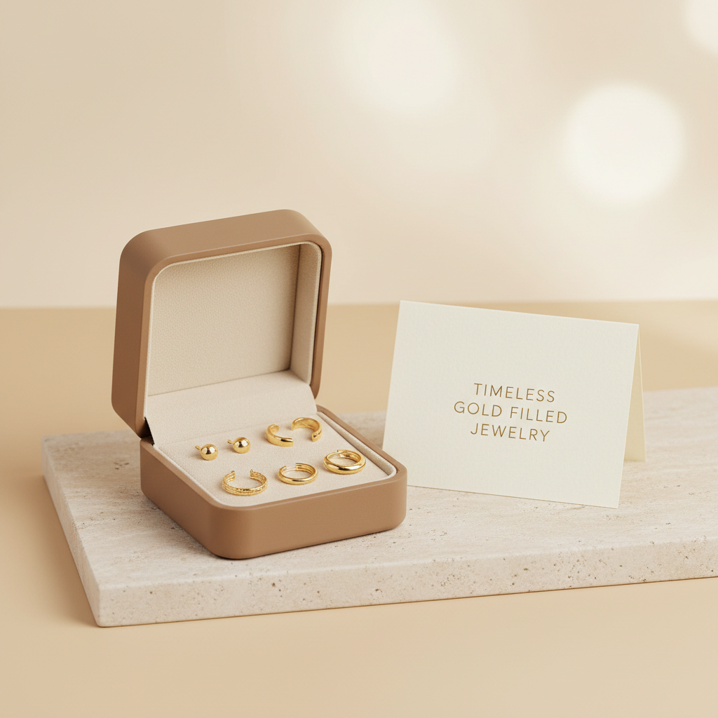 A refined product scene featuring a small open jewelry box in matte, warm taupe with a velvet interior, holding a neatly arranged gold-filled earring set: tiny studs, mini hoops, and delicate ear cuffs. The box sits slightly off-center on a pale stone slab, with a folded ivory card beside it reading “Timeless Gold Filled Jewelry” in elegant, minimal typography. Soft studio lighting from the upper left creates gentle contrasts and a luxurious glow on the metal. The background is a smooth gradient from cream to light beige with faint bokeh, giving a high-end, giftable impression. The image is shot from a slightly elevated angle in crisp photographic realism, conveying sophistication and quality.