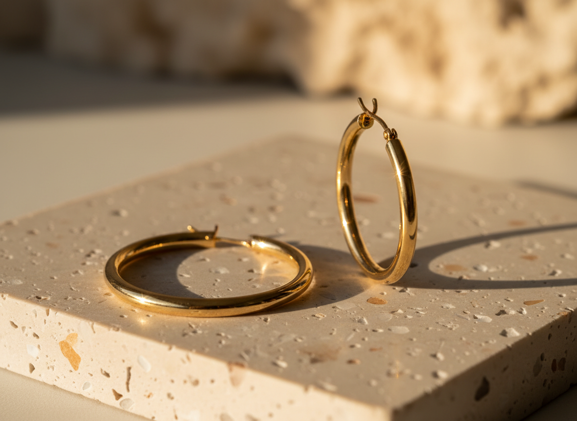 A close-up of a pair of 14k gold-filled hoop earrings, one lying flat and the other standing on edge, arranged on a smooth beige terrazzo slab with subtle stone flecks. The hoops are medium-sized with a perfectly rounded profile and secure hinge clasps, showcasing a smooth, mirror-like polish that speaks to their hypoallergenic, tarnish-resistant quality. Soft golden hour light from the right casts a gentle glow and delicate shadows, creating small, precise highlights along the hoops’ curves. The background is out of focus in warm neutral tones, with a photographic, editorial style that feels elevated yet approachable, emphasizing everyday luxury and longevity.