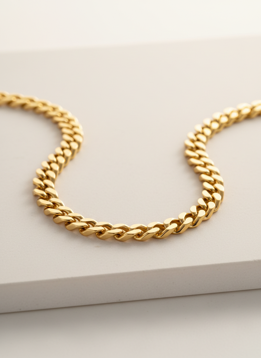 A single, high-quality 18k gold-filled chain necklace with a classic, medium-thick Cuban link design rests in a graceful curve on a matte white stone slab. The links show crisp detail and a rich, warm gold tone that suggests durability and weight. Diffused studio lighting from above and slightly to the right creates refined reflections along each link, with a soft shadow falling to the left. The background fades into a clean gradient of warm white, giving a modern, luxurious product-shot feel. Captured at eye level with sharp focus on the center links and gentle falloff at the ends, in a sophisticated, minimalist photographic style.