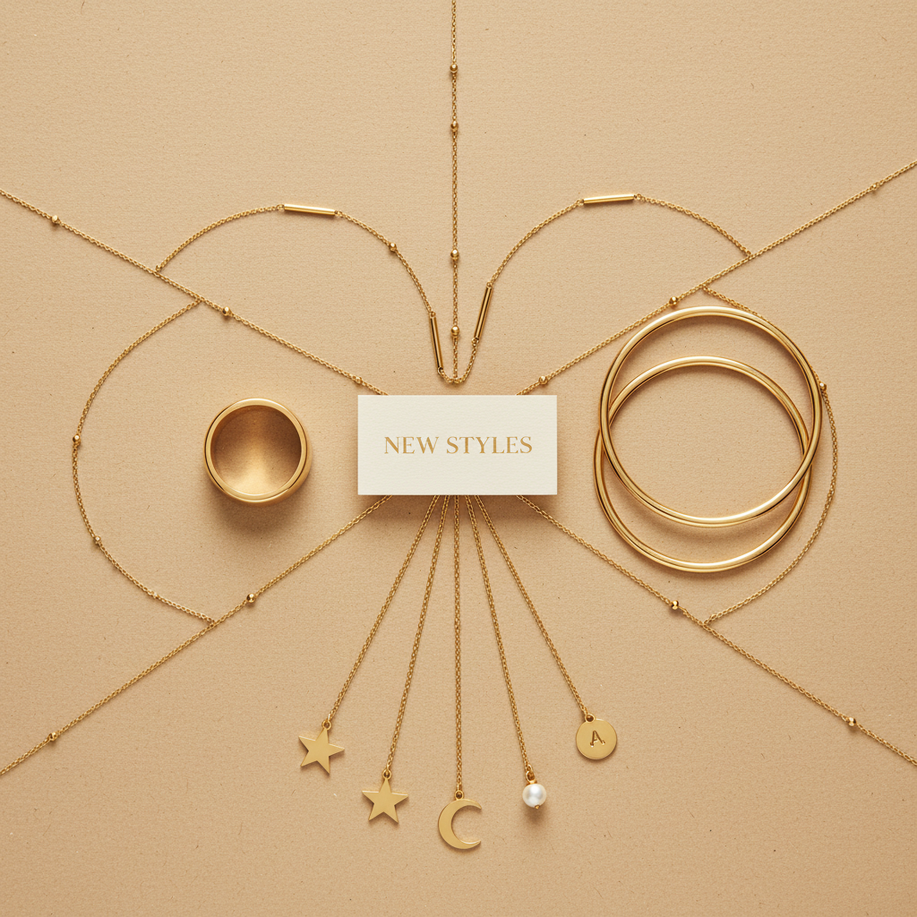 An artistic overhead composition of a “new collection” layout: multiple gold-filled pieces including dainty chain necklaces, a bold signet ring, slim bangles, and tiny charm pendants radiate out from a small, centered, cream-colored card that reads “New Styles” in understated serif lettering. The pieces are arranged on a soft, textured sand-colored paper background that adds warmth without distraction. Soft, evenly diffused studio light reduces harsh shadows while still giving subtle, elegant highlights to the metal. The mood is sophisticated and curated, like a high-end catalog spread. Photographic realism with meticulous detail and balanced negative space that makes the jewelry shine.