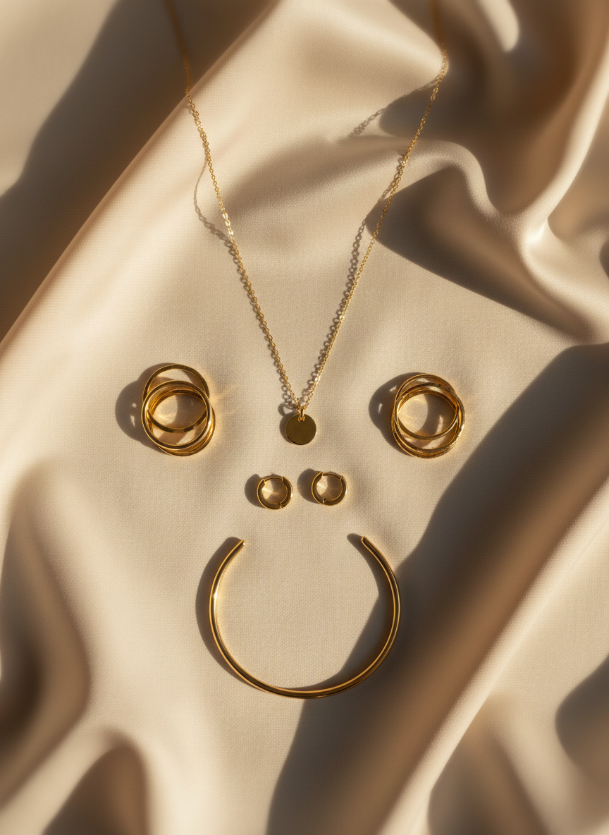 An elegant flat lay of a curated collection of 18k and 14k gold-filled jewelry arranged on a creamy beige silk fabric. A delicate chain necklace with a small round pendant, slim stacking rings with smooth and hammered finishes, tiny huggie hoops, and a minimalist bangle are carefully spaced with refined symmetry. Soft morning natural light from the left creates gentle highlights on the polished gold surfaces and subtle shadows in the fabric folds. The background is softly blurred at the edges for a shallow depth of field, emphasizing the jewelry’s luster. Photographic realism with a clean, sophisticated, editorial aesthetic that communicates timeless, everyday luxury and durability.